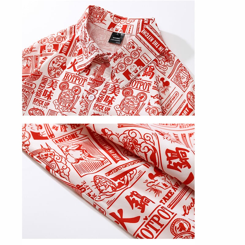 [BEAT BOY Series] ★Retro Shirt★ 2color Print Long Sleeve Shirt Tops Unisex Men's Text Pattern Red Black