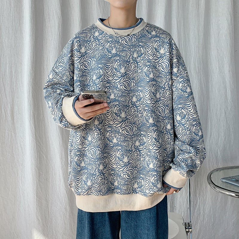 [Tiaota Series] ★Tops★ 2color Blue or Black Unisex Print Floral Pattern Round Neck Faux Layered