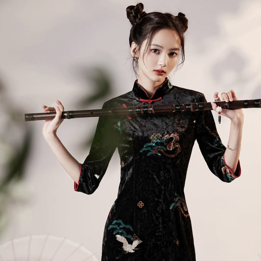 [YUEQIAO Series]★Cheongsam dress★Short length crane velvet Chinese style dress slimming