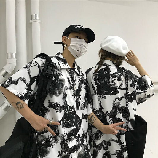 [Miyakoya Series]★China style shirt★ Short sleeve, dragon crest, floral pattern, unisex, ML, summer, cool, couple clothes, everyday wear