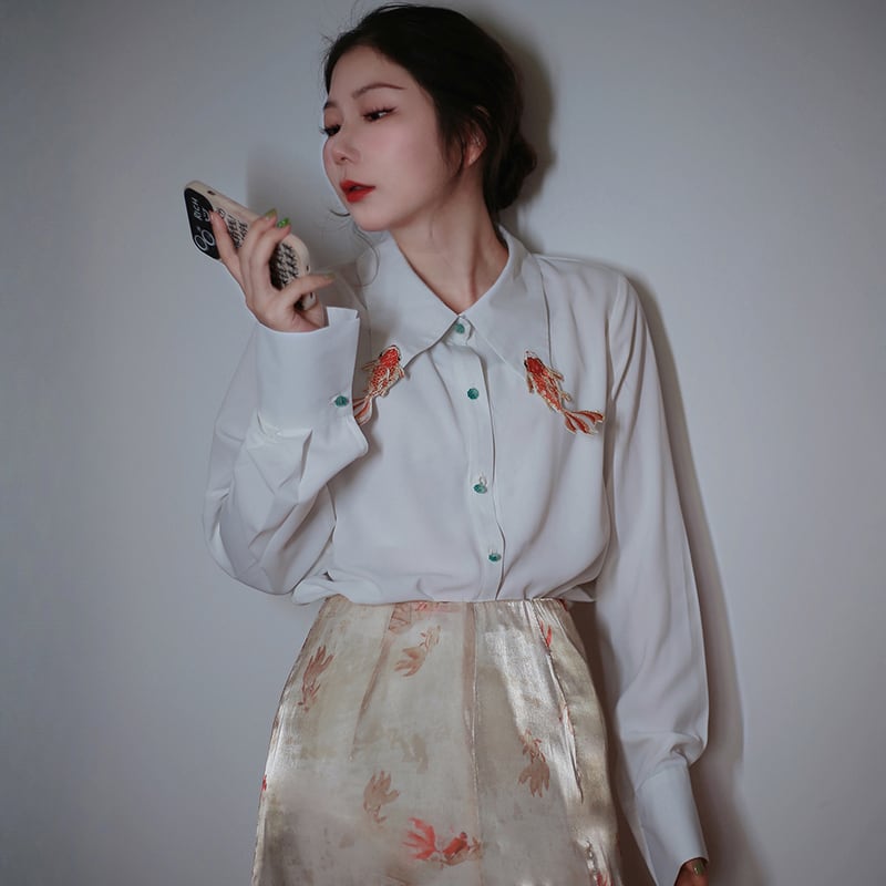 [Big Fish Series]★China Style Shirt★ Tops Goldfish Women's Long Sleeve Shirt Embroidery Large Size White White