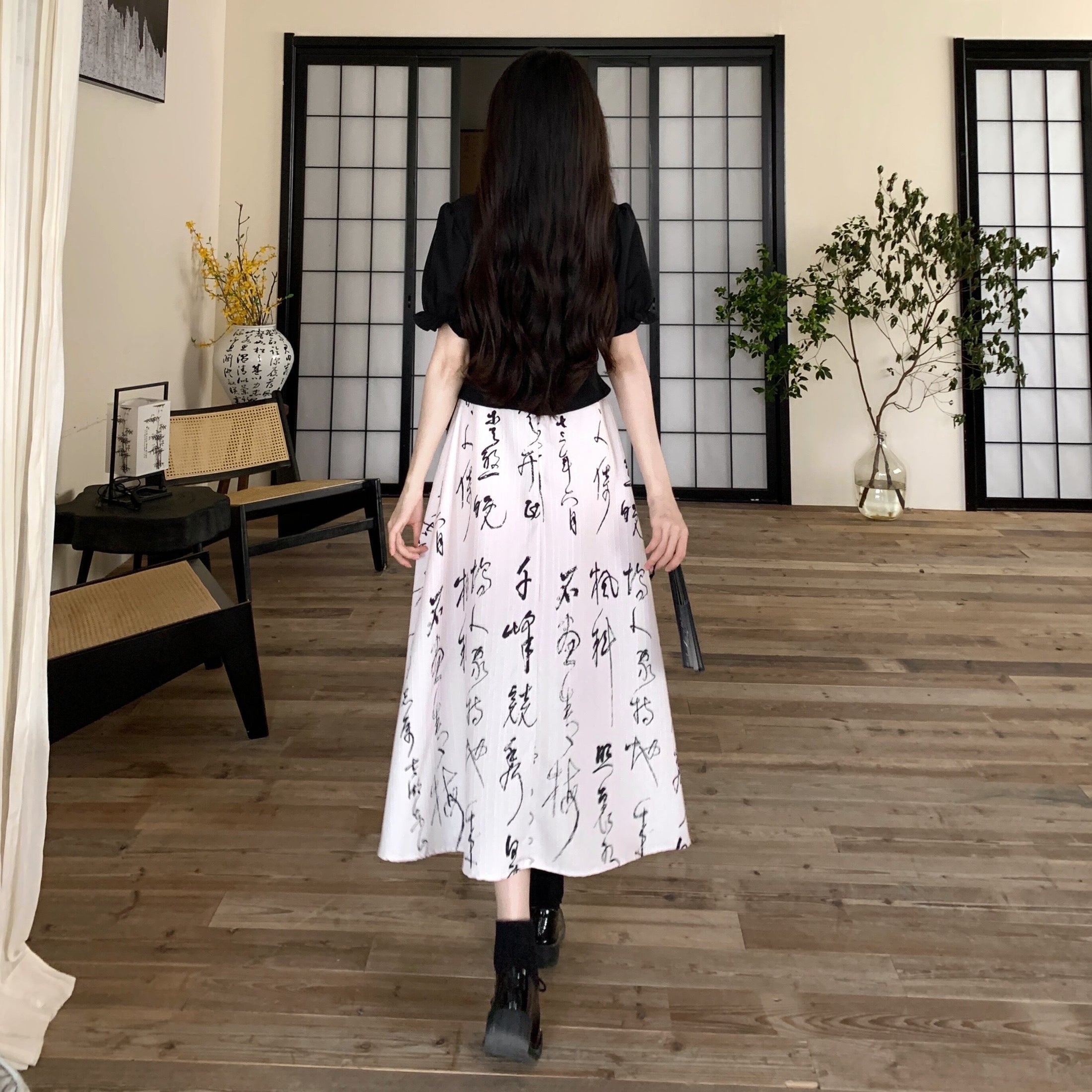 [DONGXIAOJIE series]★China style dress★ Letter pattern ribbon summer clothes fake layered large size slimming