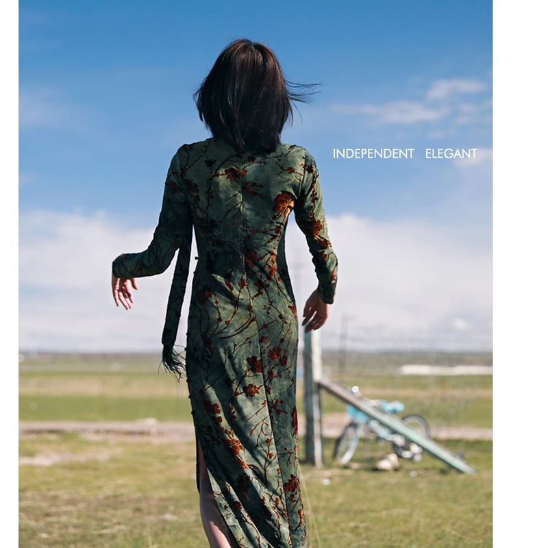 [Da Qinglong Shu Series] ★China style dress★ 2 colors Green or blue Velvet High neck Slim Slimming Feminine