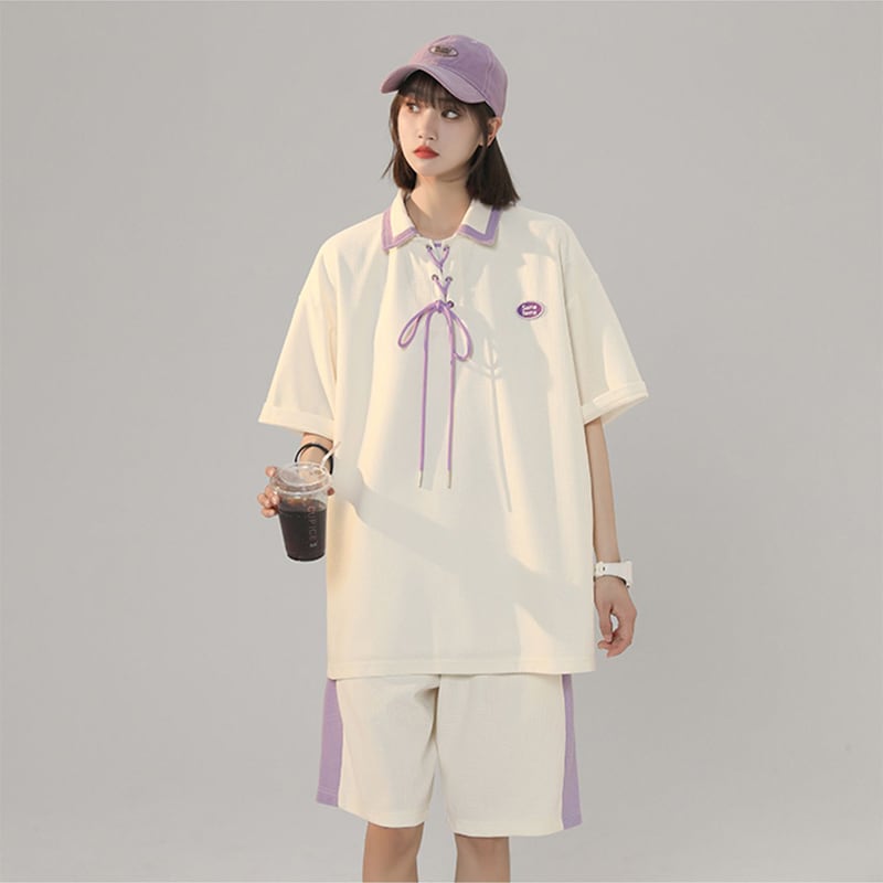 [SENSU Series]★Setup★ 3color POLO shirt + shorts Unisex Men's Beige Green Purple