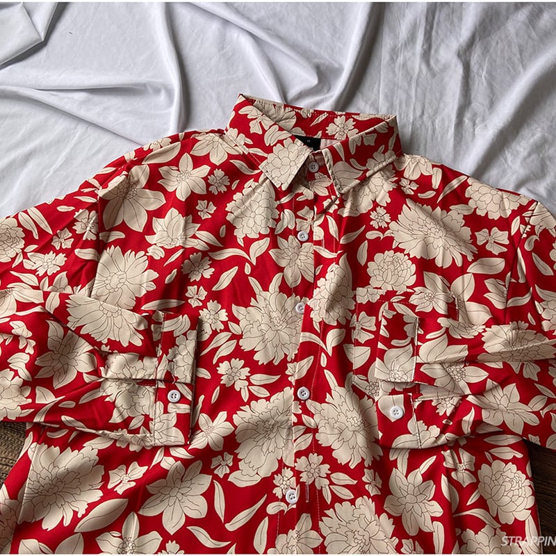 [STRAPPING Series]★Shirt★ Tops Unisex Men's Red Red Floral Pattern Shirt Long Sleeve Shirt Thin