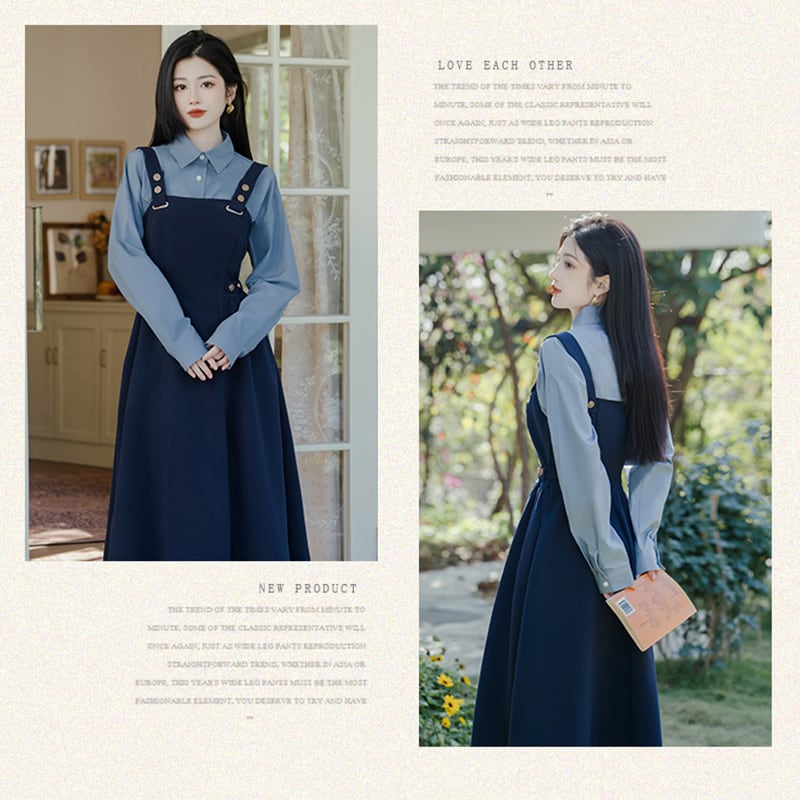 [Rinroki Series]★Setup★ 2-piece set Hanging dress + shirt Women's Blue Blue Commuting Date