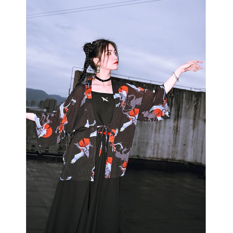 [Kokaisha --- Mother-in-law series] ★China style happi coat★ Tops Outerwear Fox Thin Loose Cool ML Black Black