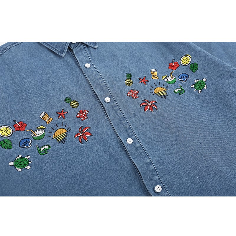 [PUDUN Series]★Denim shirt★ Tops, short sleeve shirt, unisex, men's, unique, embroidery, summer clothes, blue, blue