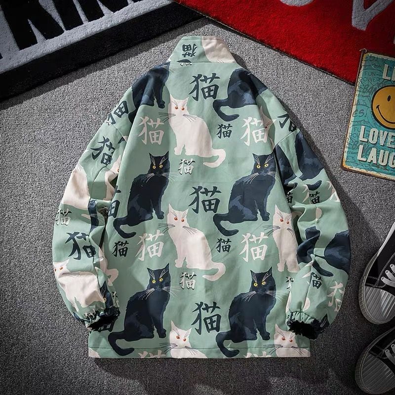 [BITIAO Series] ★Jacket★ Outerwear that can be worn on both sides 2 colors Cat cat pattern Unisex Men's Black Green Large size