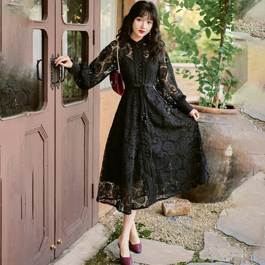 [Kasa no Castle Series] ★China style dress★ 3color black or beige or purple lace dress for dates, weddings, commuting, improving temperament