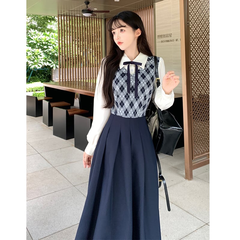 [Dong Xiaojie Series] ★Dress★ Long length, large size, fake layered, diamond shape, switching