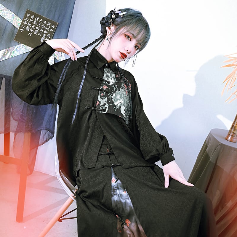 [Ancient monster house ---biting pattern series] ★China style shirt★ Switching print switching Black Black Harajuku style