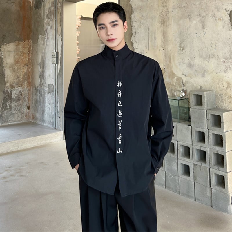 [Illustrated series] ★China style shirt★ 2color embroidery tops unisex men's black white lettering pattern