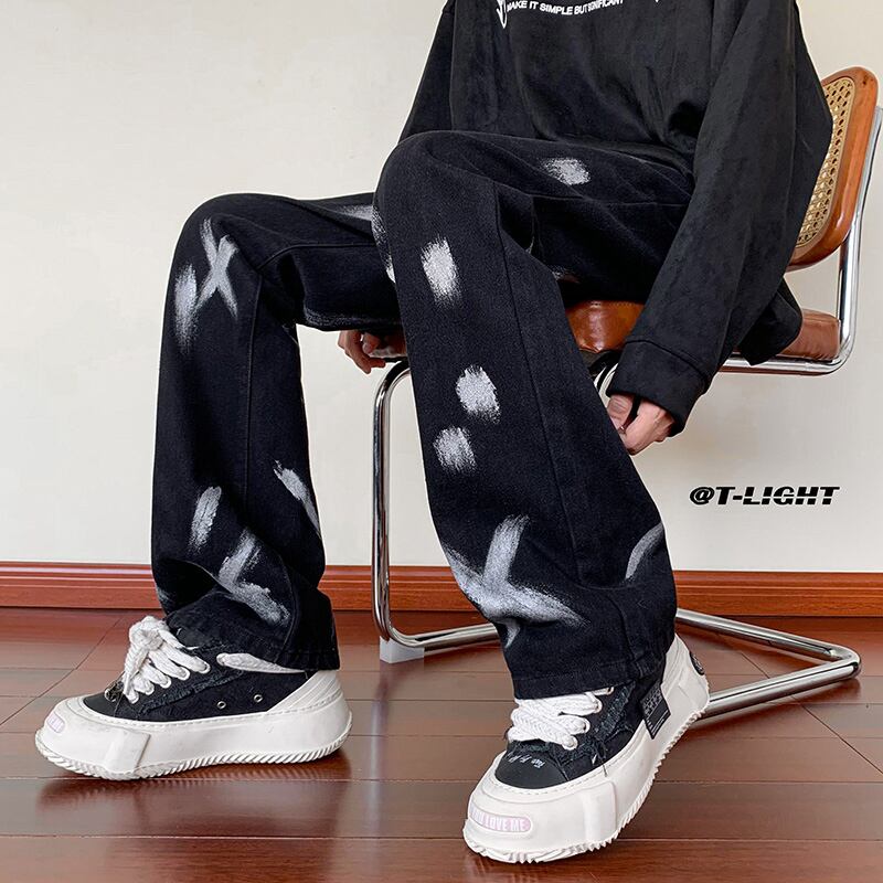 [Tiaota Series] ★Denim Pants★ Bottoms Trousers Print Unisex Men's Large Size Black Black