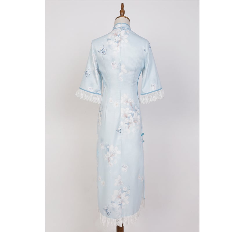 [Dust Smoke Cloud Dream --- Unlan Jade Nishiki Series]★China-style dress★Cheongsam dress, Chinese clothes, short sleeves, long length, butterfly ornament included