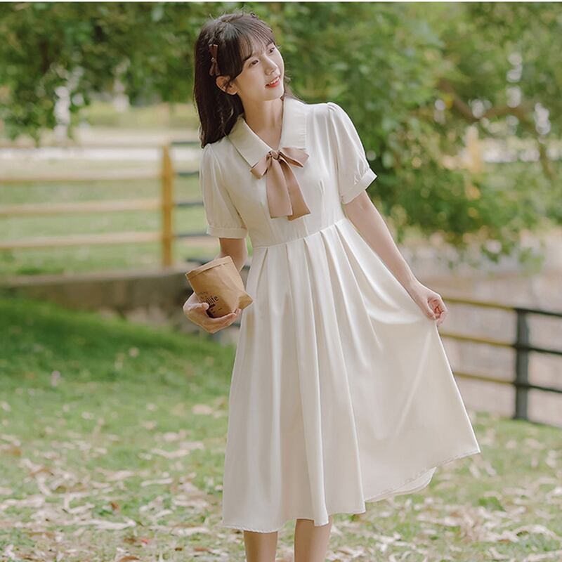 [Han Xuanwei Series] ★One Piece★ 2color Simple Cute Date Ribbon Beige Easy to Match Short Sleeve Dress