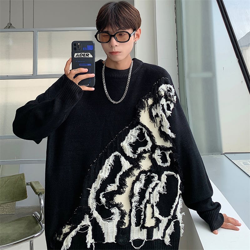 [Black Series] ★Sweater★ 3color knit tops Unisex Men's Switching Stylish Cool