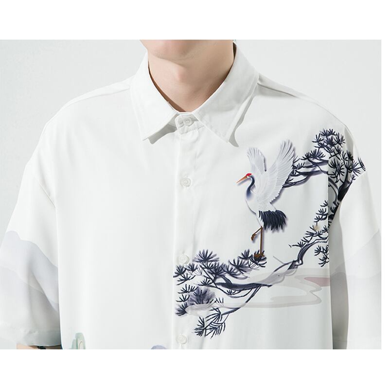 [MOWENZHAI Series] ★China Style Shirt★ Ink Pattern Crane Short Sleeve Shirt Tops Unisex Men's Large Size