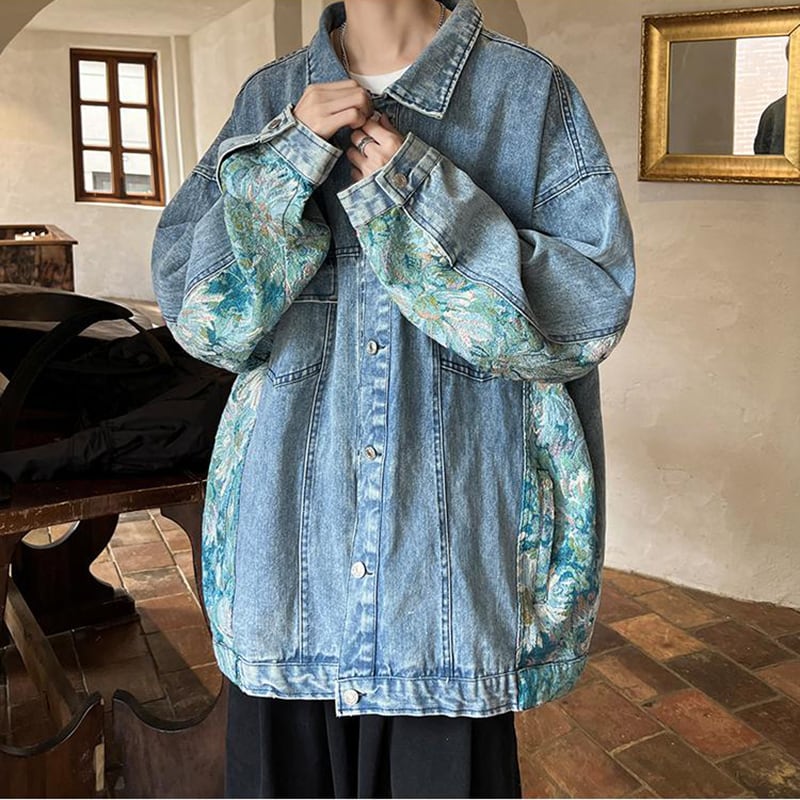 [HUICHUN Series]★Denim jacket★ 2color jacket oil painting style outerwear switching unisex men's large size