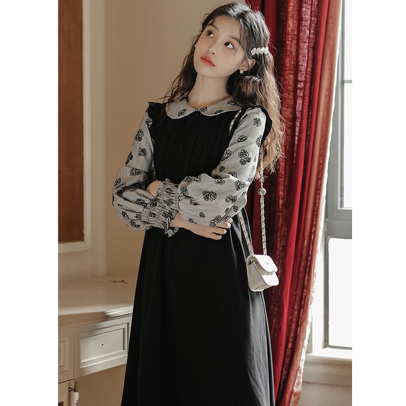 [ZITAIMEIGUI Series] ★One Piece★ Long Length Switching Floral Pattern Women's Commuting Date Black Black