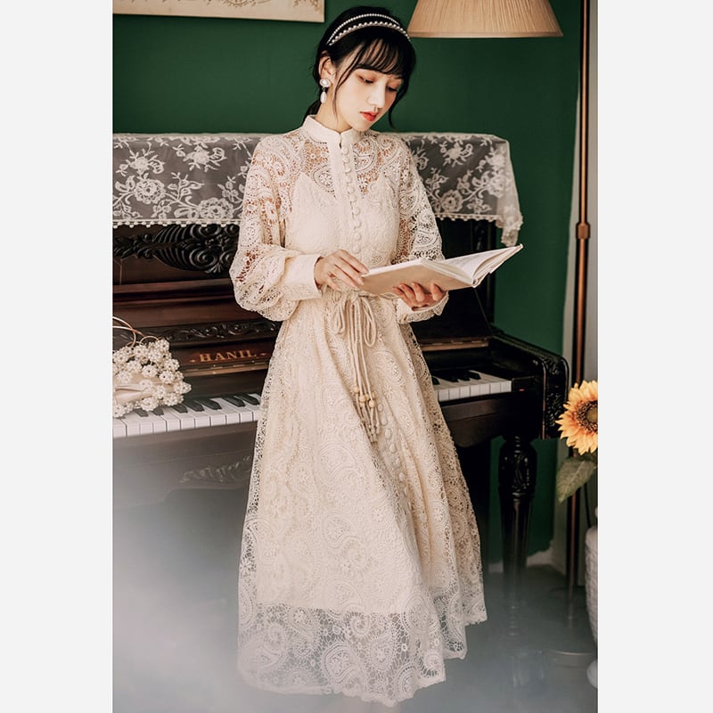 [Kasa no Castle Series] ★China style dress★ 3color black or beige or purple lace dress for dates, weddings, commuting, improving temperament