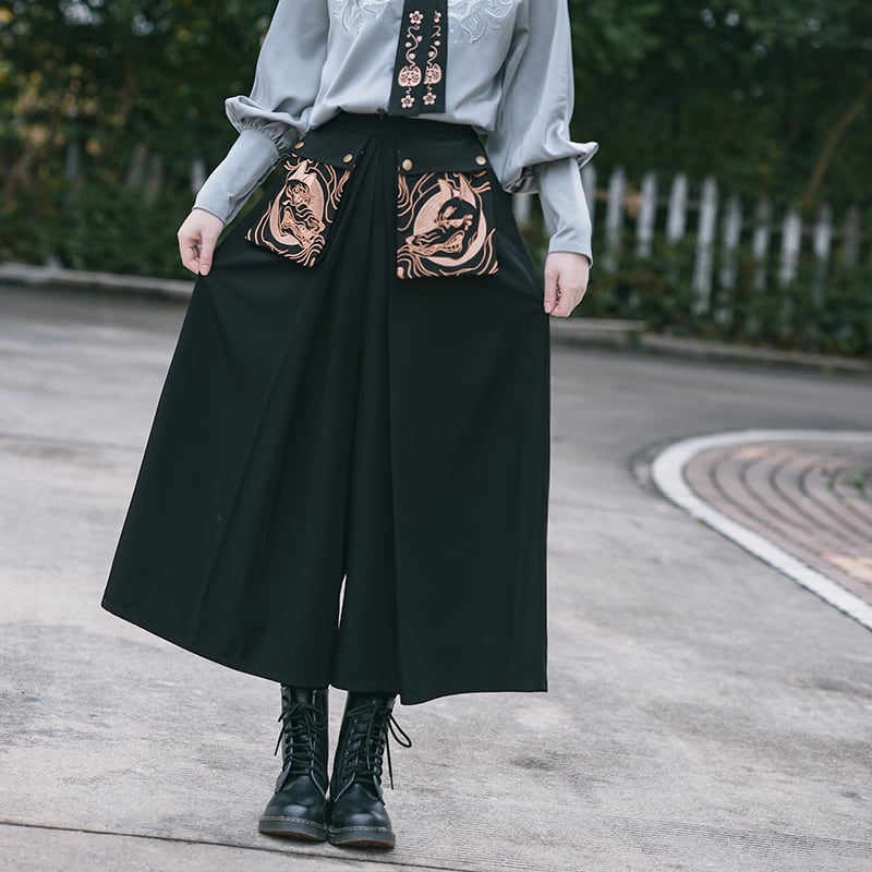 [Kogaisha---Monster Series] ★Chinese-style pants★ Gaucho pants, bottoms, easy to match, slimming, black, ML XL