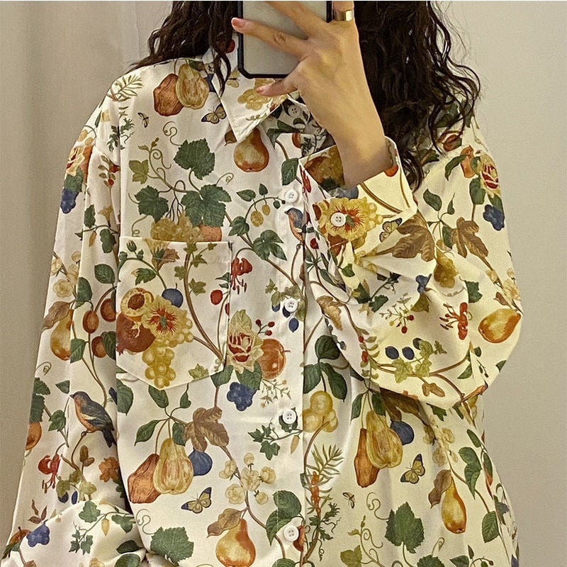 [YOUZI Series]★Shirt★ Tops, oil painting style, floral pattern, loose, retro, commuting, date, cute, cheap, easy to match, thin, spring/summer