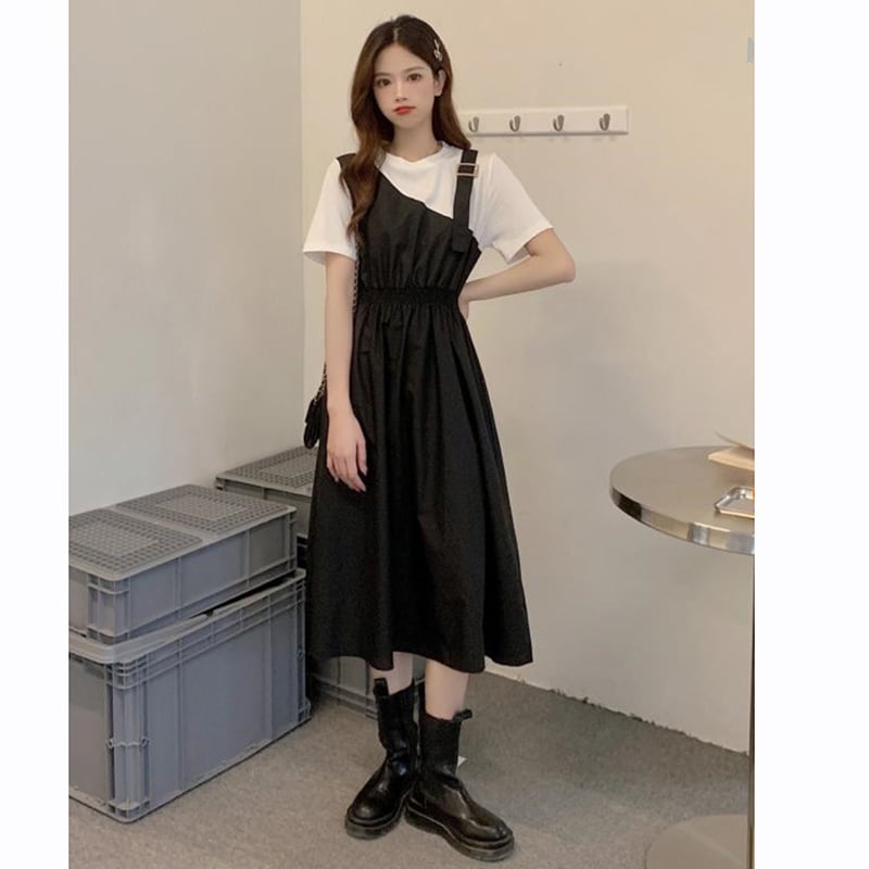 [YUNXI Series] ★One Piece★ 2color Short Sleeve Dress Switching Fake Layered Large Size Brown Black