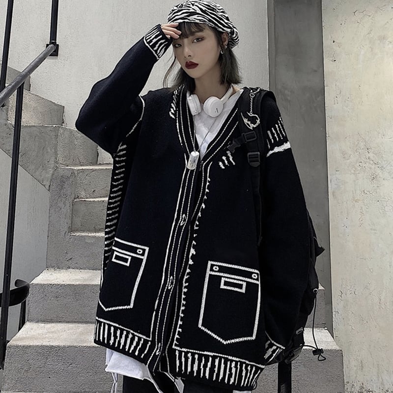 [Modern People Series]★Cardigan★ 2color Tops Sweater Outerwear Unique Black Black Harajuku Style