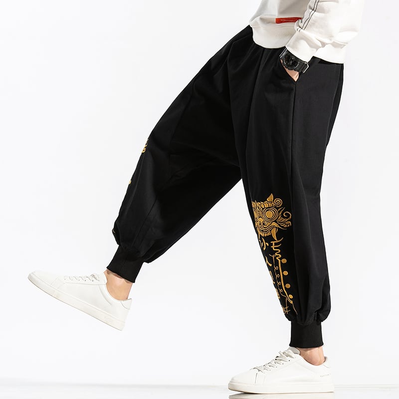 [PINZHI Series]★China style pants★Casual pants Letter pattern Large size Black Black Black Black