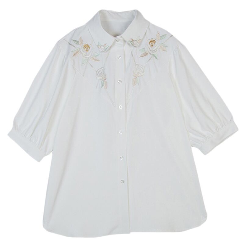 [Yang's Great Dream Series]★China Style Shirt★ Tops Embroidery Bubble Sleeves Short Sleeves White White Improves Temperament