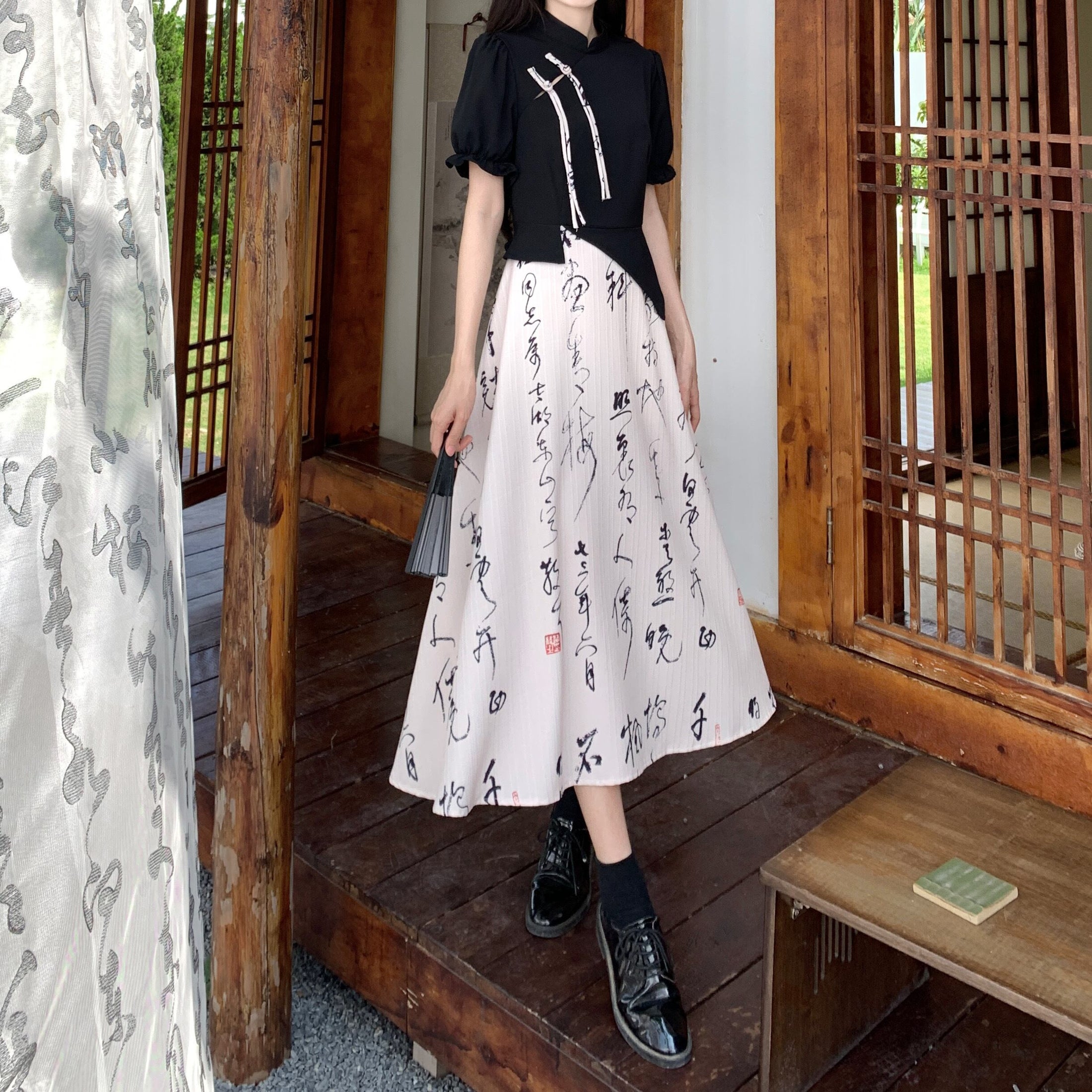 [DONGXIAOJIE series]★China style dress★ Letter pattern ribbon summer clothes fake layered large size slimming