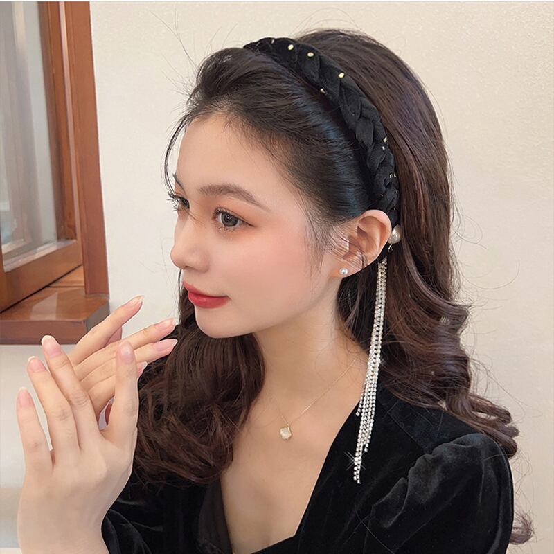 [Rainou Series] ★Headband★ 2color Hair Ornament Accessory Velvet Black Black Asymmetrical Fringe