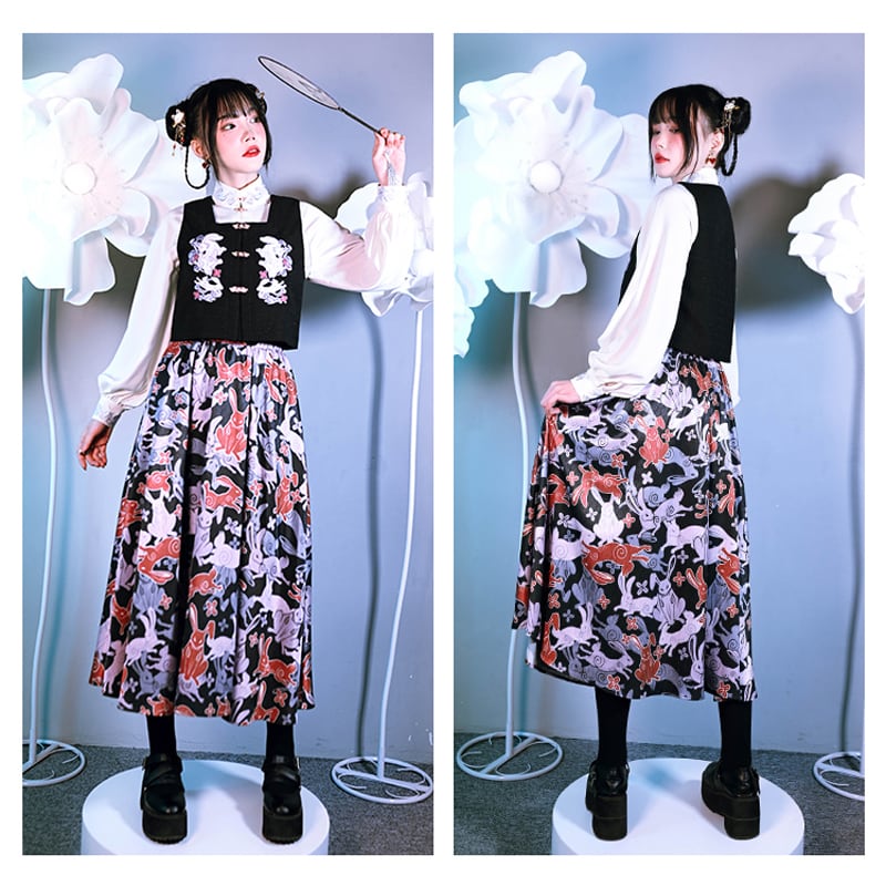 [Ancient monster house --- Rabbit series] ★China style skirt★ Bottoms print rabbit rabbit original SML