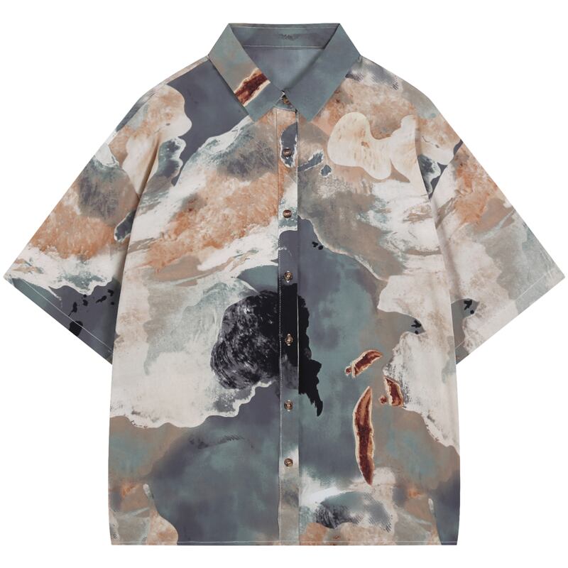 [ANAMONE STUDIO Series]★Shirt★ Tops Oil painting style mini length print short sleeve short sleeve shirt SML