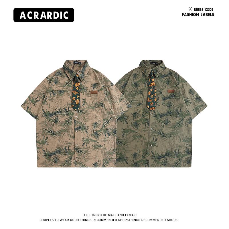 [HTTAOSUP Series]★Shirt with tie★ 2color tops, short sleeve shirt, floral pattern shirt, unisex, men's, retro