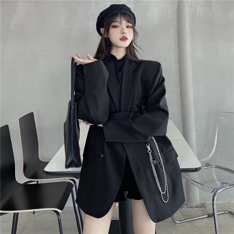 [Miyakoya Series]★Blazer with chain★ 2color black or beige outerwear unisex costume retro simple