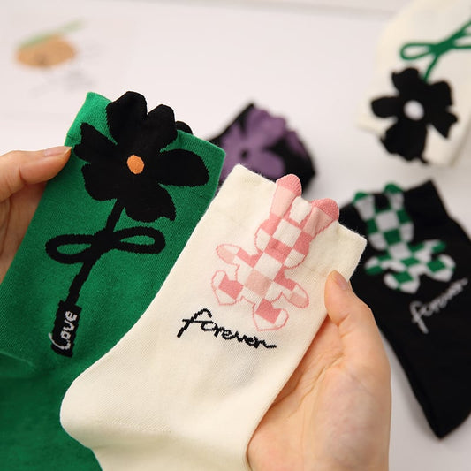 [TIDEPLAY series]★Socks★ 5color 2 pairs Flower Rabbit White Black Green Cute Easy to match White Black Green