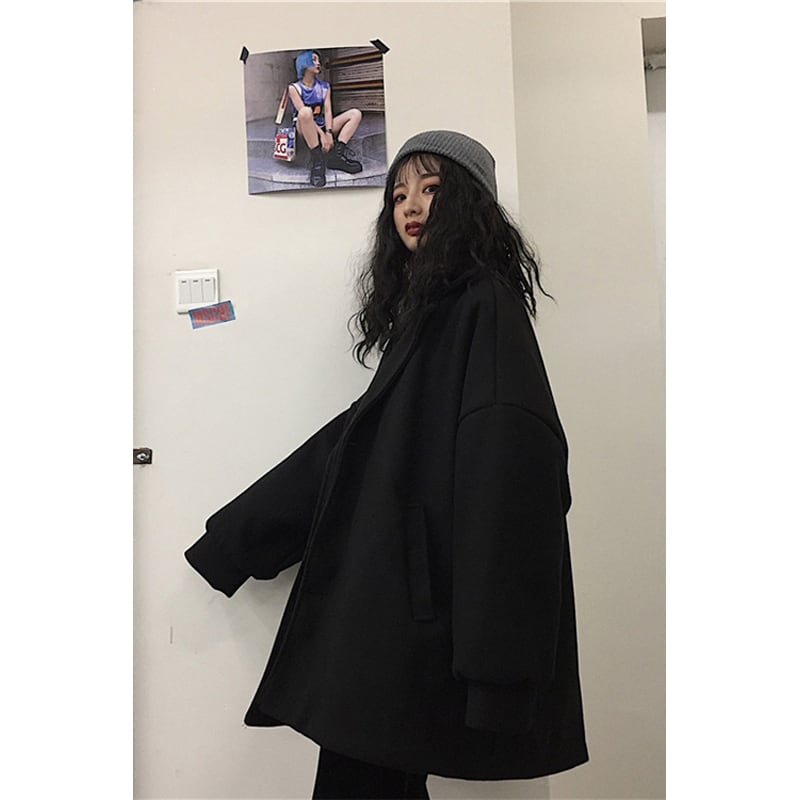 [Miyakoya Series] ★Trench coat★ Rasha Unisex Thick Warm Black Black ML Plain Simple Harajuku style Easy to match