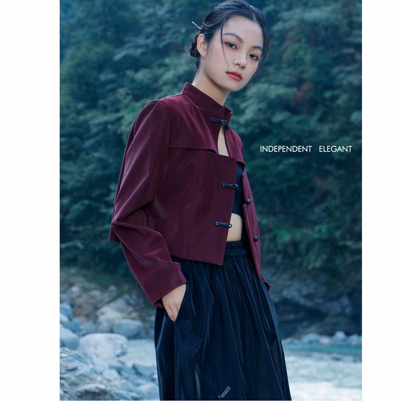 [Big Blue Dragon Series] ★China style outerwear★ PU jacket China button openwork wine red red