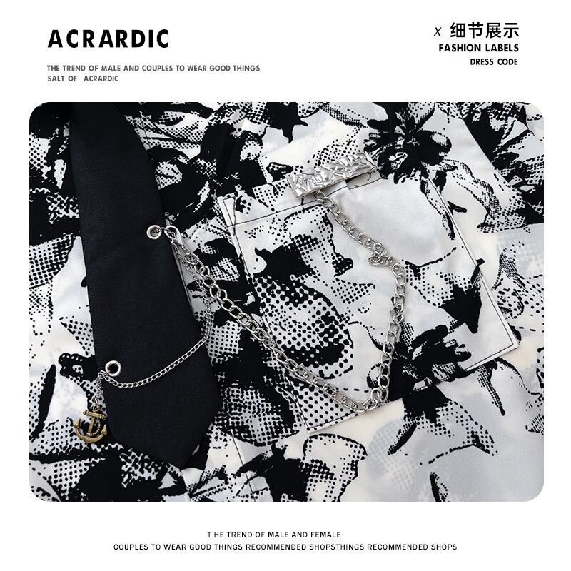 [MDYCD Series]★Shirt with Tie★ 2color Floral Print Shirt Tops Short Sleeve Shirt Unisex Men's Black White