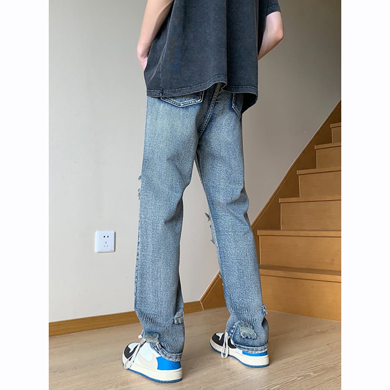 [BIGEMAN Series]★Denim pants★Bottoms Pants Unisex Men's Distressed Stylish Blue Blue