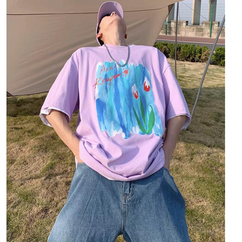 【PVシリーズ】★Tシャツ★ 3color トップス 油絵風 彩 夏服 半袖Tシャツ ホワイト ブラック パープル