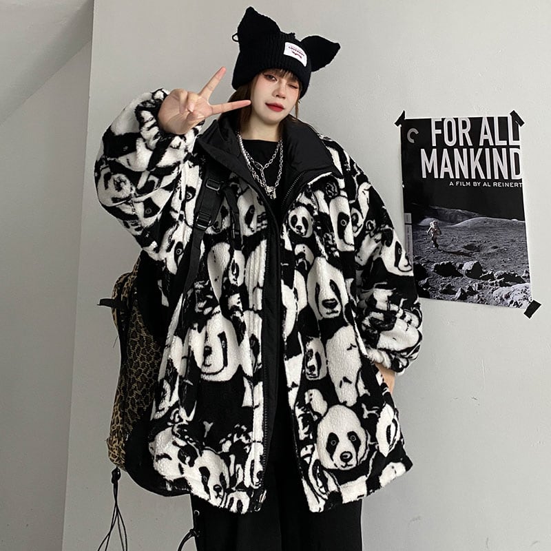 [MGJM Series] Double-sided outer coat, panda, loose, winter clothes, winter coat, black, black, fashion