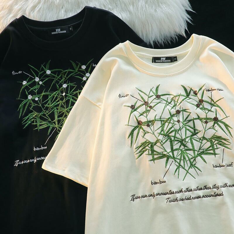 【逃離地球シリーズ】★チャイナ風Tシャツ★ 2color トップス 半袖シャツ 刺繍 竹 男女兼用 メンズ レトロ