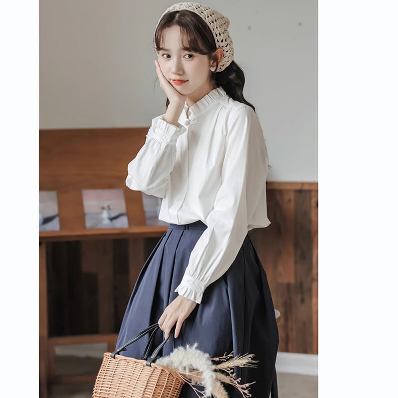 [SAIERMO series]★China style shirt★ Tops Chinese button cotton cute stand neck long sleeve shirt white