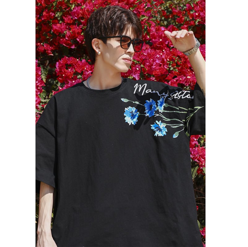 [MANYSTON Series]★T-shirt★ Tops 3color Unisex Men's Short Sleeve Floral Pattern Blue White Black Casual