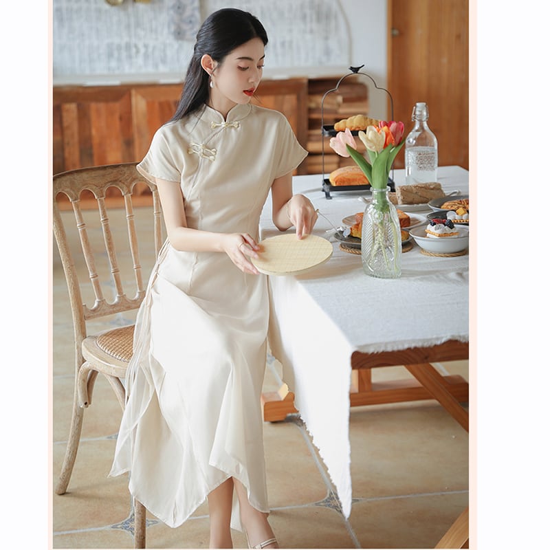 [Tatsuko Chenis Series] ★China style dress★ 2color dress coming of age ceremony girls' night out date short sleeve dress summer clothes green beige chiffon cool