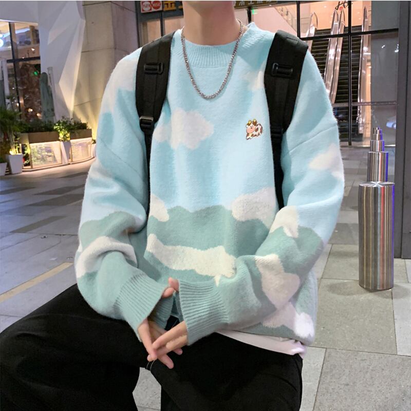 [Tokimi Series] ★Sweater★ 2color Knit Tops Unisex Men's Cloud Cow Blue Blue Color Scheme Cute