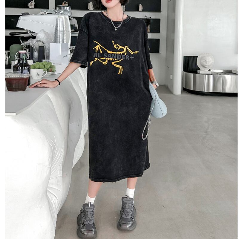 [YIDAO Series] ★T-shirt dress★ Print retro loose casual summer clothes black black